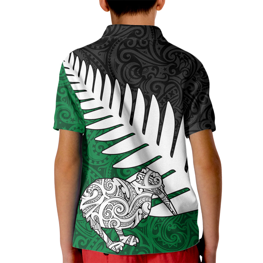 Aotearoa New Zealand Kid Polo Shirt Silver Fern Kiwi Bird and NZ Map with Maori Tribal Green Style LT03 - Polynesian Pride