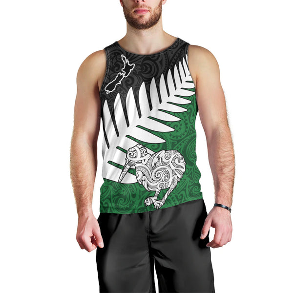 Maori Warrior Men Tank Top Silver Fern New Zealand Map With Kowhaiwhai Pattern LT03