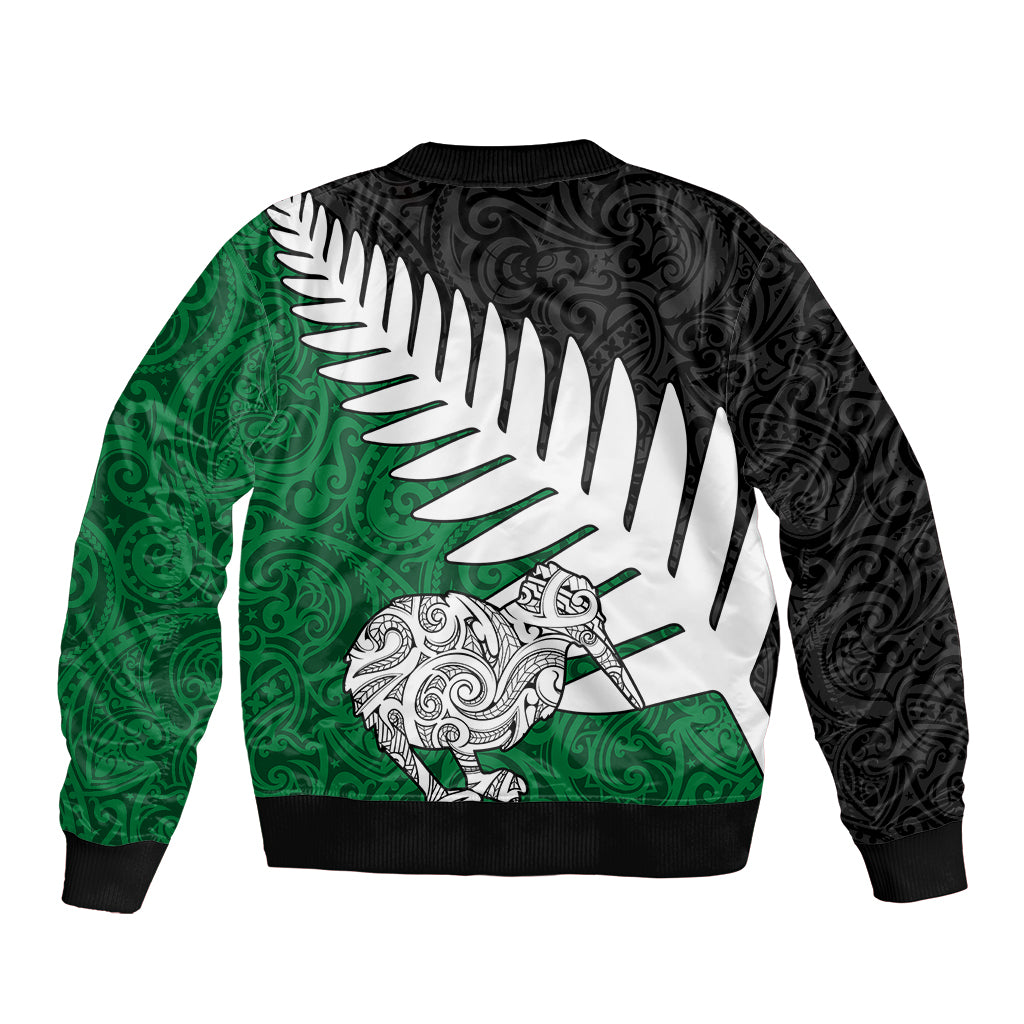 Aotearoa New Zealand Sleeve Zip Bomber Jacket Silver Fern Kiwi Bird and NZ Map with Maori Tribal Green Style LT03 - Polynesian Pride