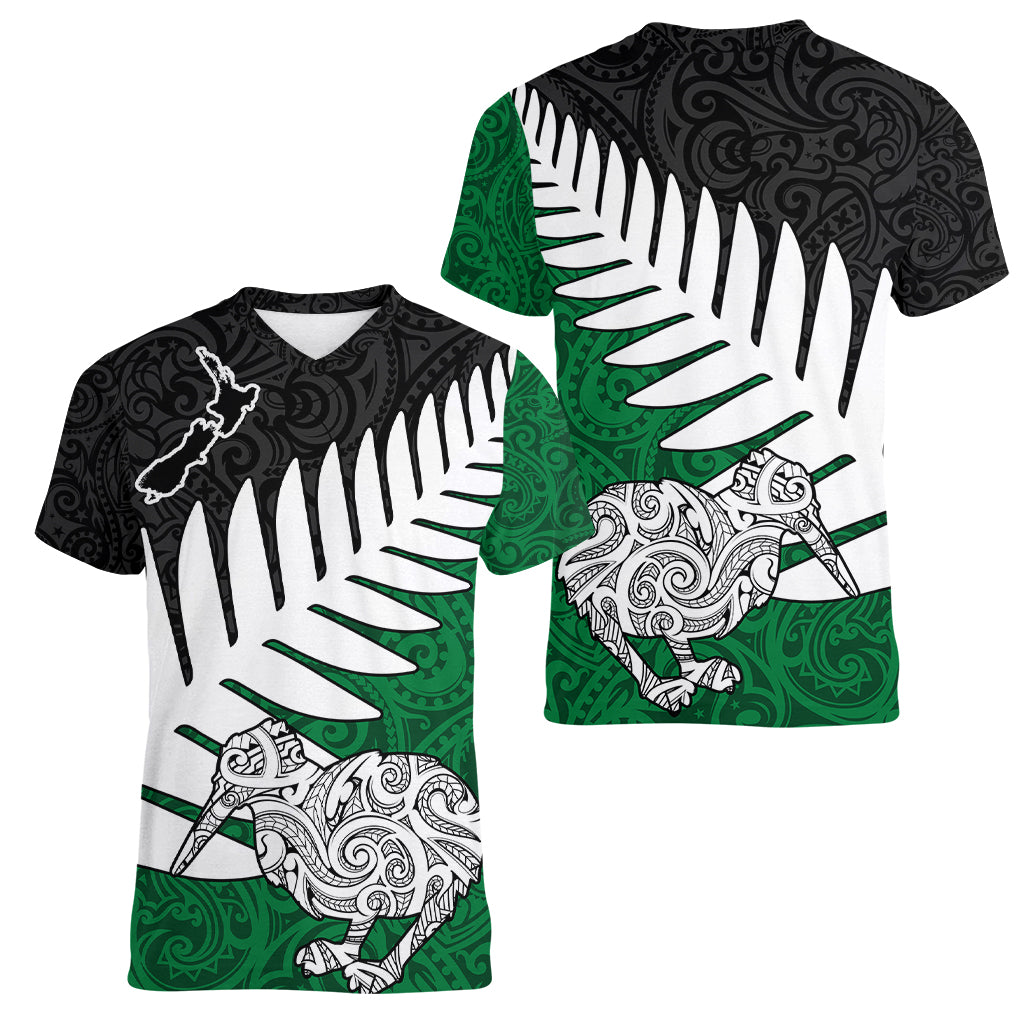 Aotearoa New Zealand Women V Neck T Shirt Silver Fern Kiwi Bird and NZ Map with Maori Tribal Green Style LT03 - Polynesian Pride