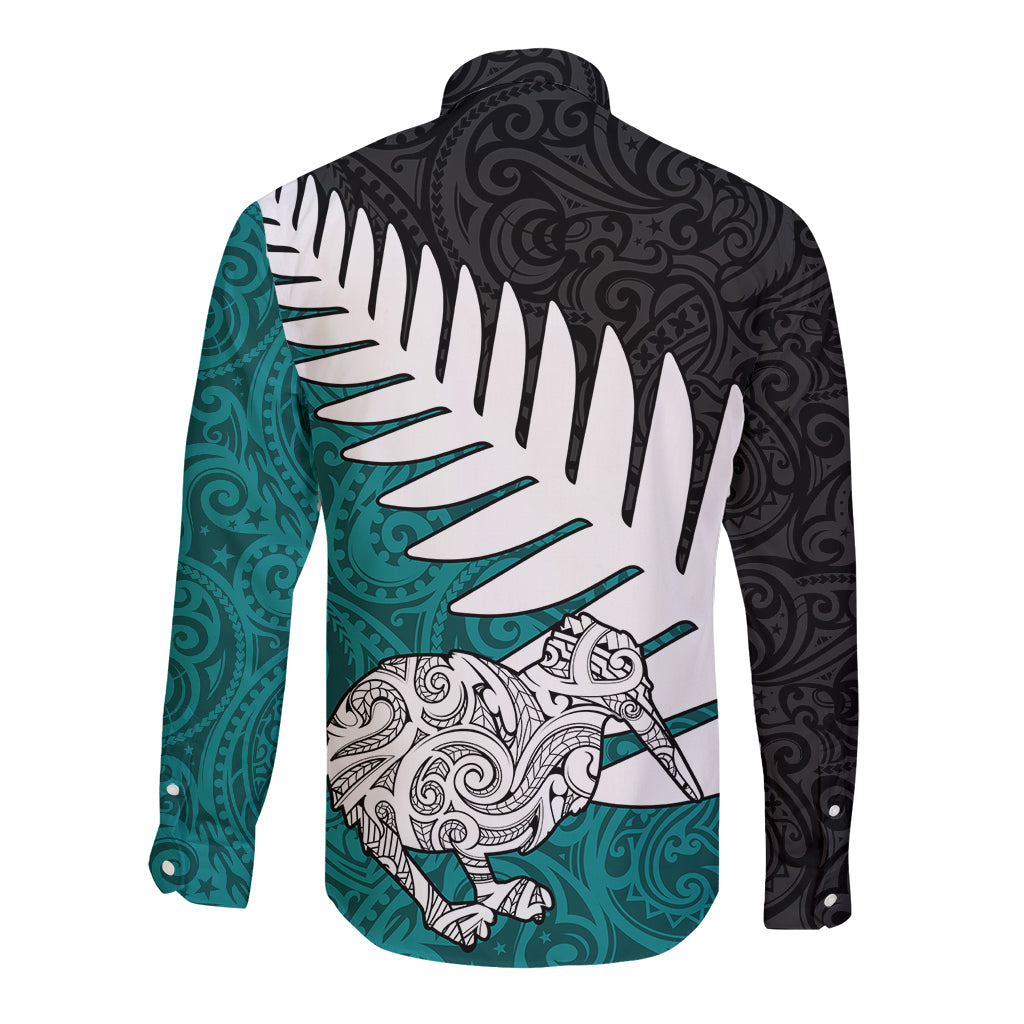 Aotearoa New Zealand Long Sleeve Button Shirt Silver Fern Kiwi Bird and NZ Map with Maori Tribal Turquoise Style LT03 - Polynesian Pride