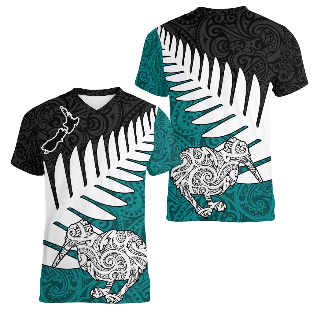 Aotearoa New Zealand Women V Neck T Shirt Silver Fern Kiwi Bird and NZ Map with Maori Tribal Turquoise Style LT03 - Polynesian Pride