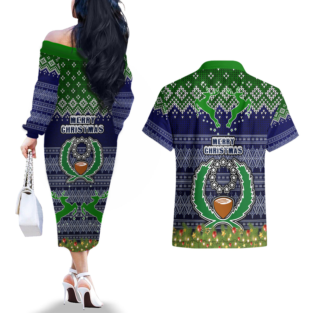 pohnpei-state-christmas-couples-matching-off-the-shoulder-long-sleeve-dress-and-hawaiian-shirt-coat-of-arms-beautiful-merry-xmas-snowflake