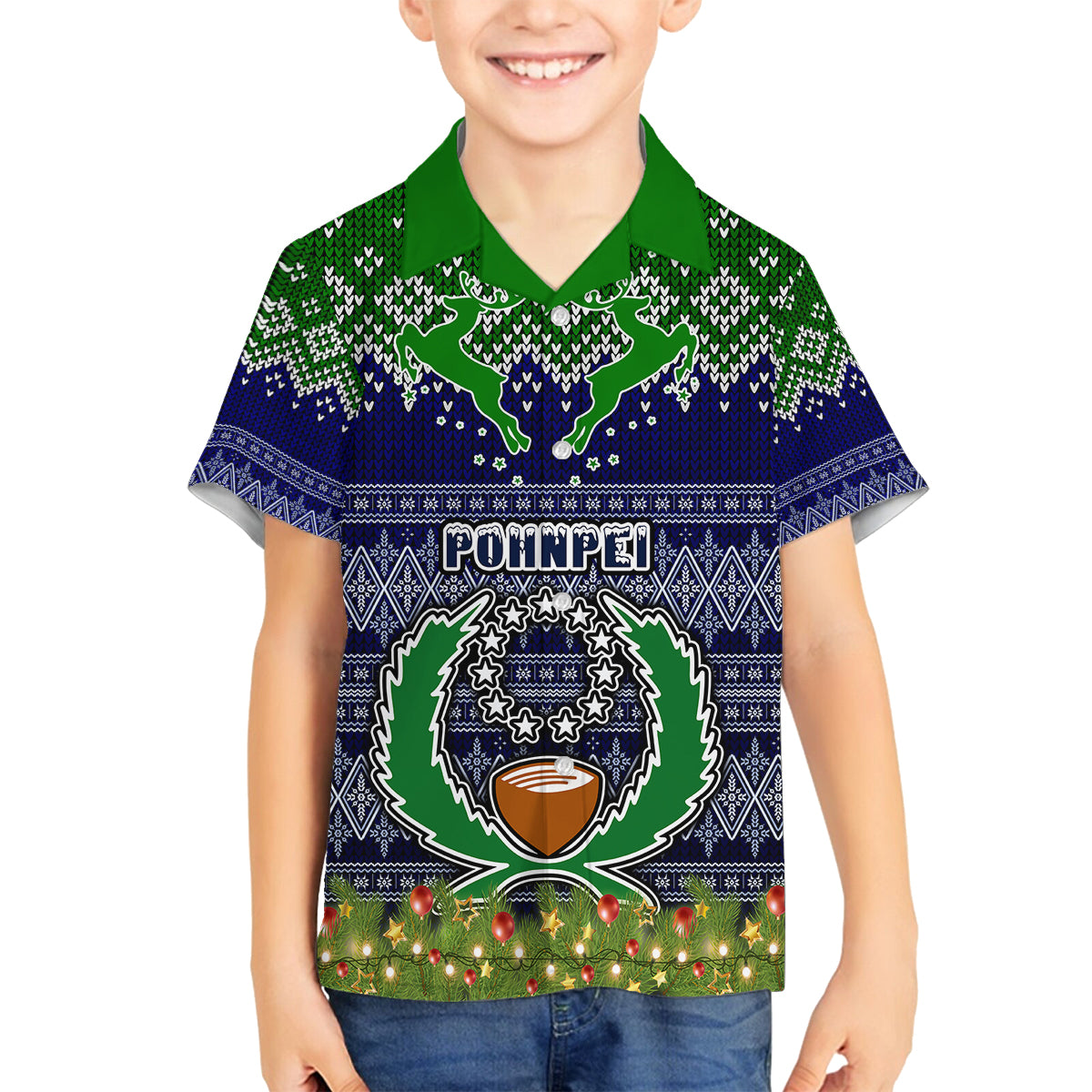 Pohnpei State Christmas Family Matching Puletasi Dress and Hawaiian Shirt Coat of Arms Beautiful Merry Xmas Snowflake LT03 Son's Shirt Blue - Polynesian Pride