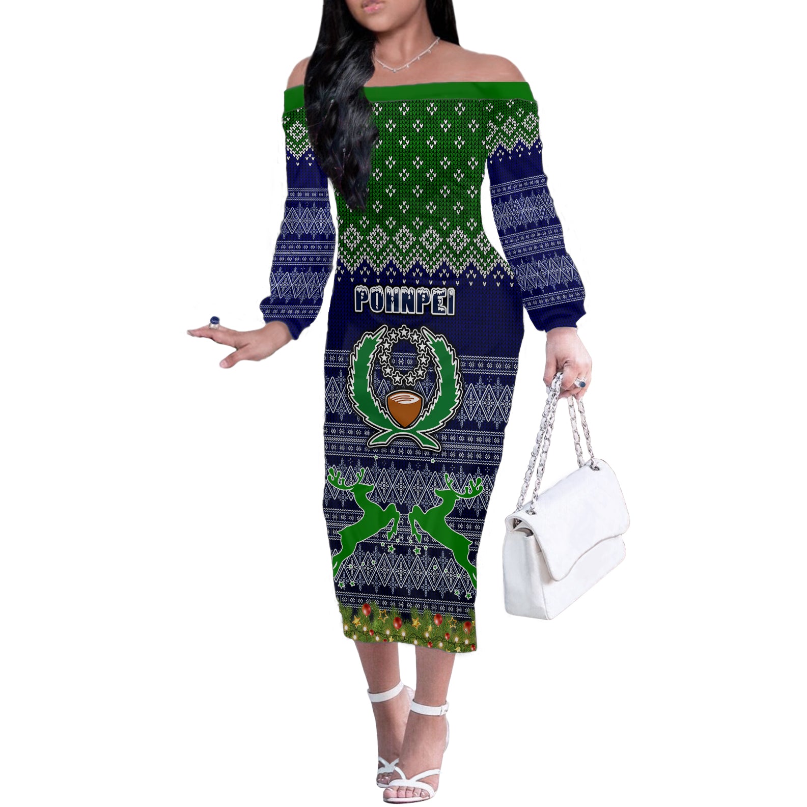 pohnpei-state-christmas-off-the-shoulder-long-sleeve-dress-coat-of-arms-beautiful-merry-xmas-snowflake