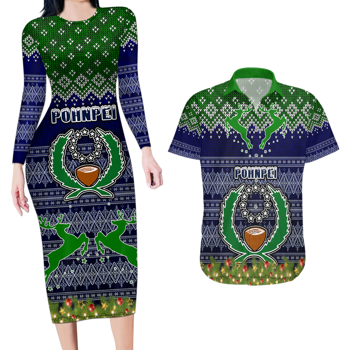 personalised-pohnpei-state-christmas-couples-matching-long-sleeve-bodycon-dress-and-hawaiian-shirt-coat-of-arms-beautiful-merry-xmas-snowflake