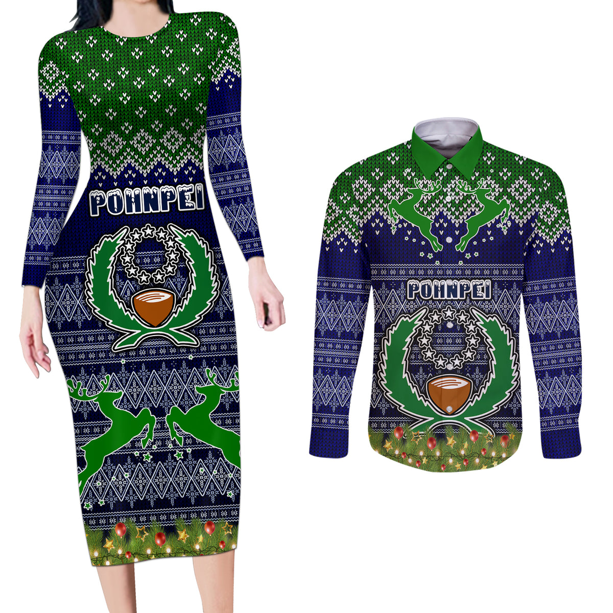 personalised-pohnpei-state-christmas-couples-matching-long-sleeve-bodycon-dress-and-long-sleeve-button-shirts-coat-of-arms-beautiful-merry-xmas-snowflake