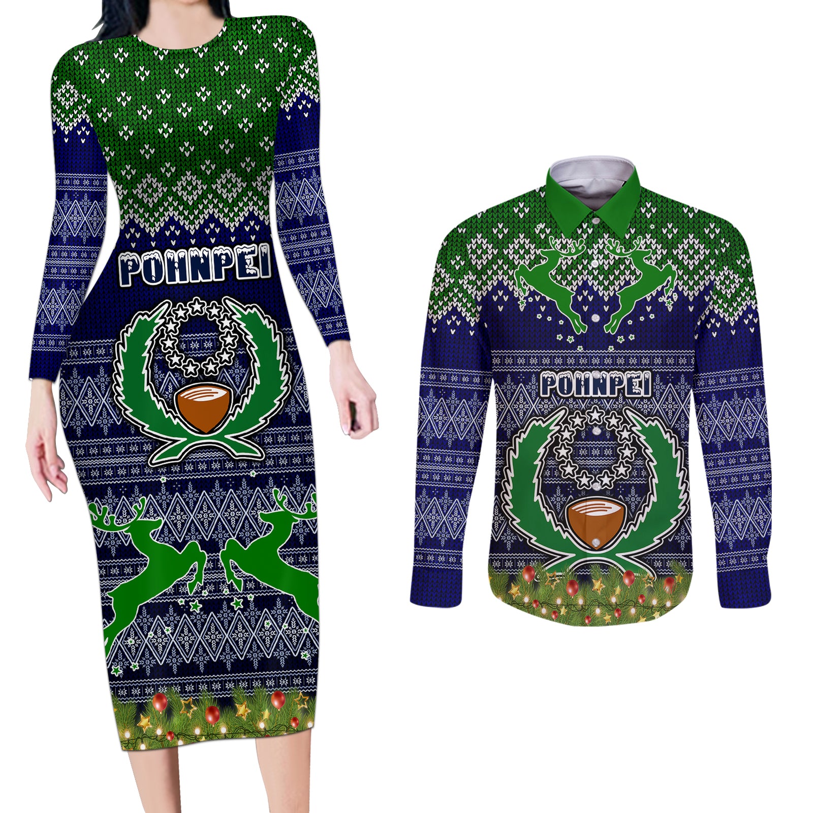 personalised-pohnpei-state-christmas-couples-matching-long-sleeve-bodycon-dress-and-long-sleeve-button-shirts-coat-of-arms-beautiful-merry-xmas-snowflake