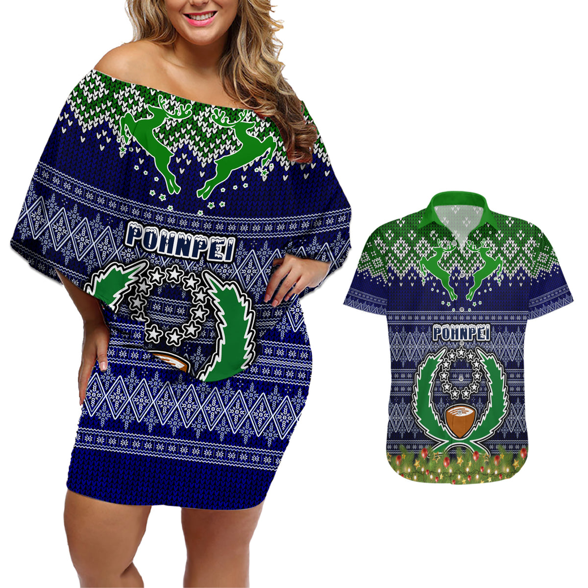 personalised-pohnpei-state-christmas-couples-matching-off-shoulder-short-dress-and-hawaiian-shirt-coat-of-arms-beautiful-merry-xmas-snowflake
