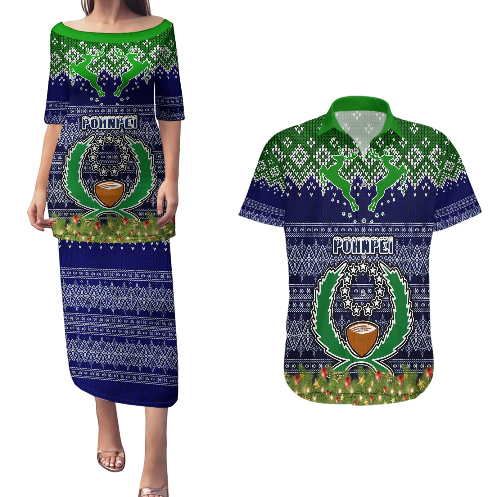 personalised-pohnpei-state-christmas-couples-matching-puletasi-dress-and-hawaiian-shirt-coat-of-arms-beautiful-merry-xmas-snowflake