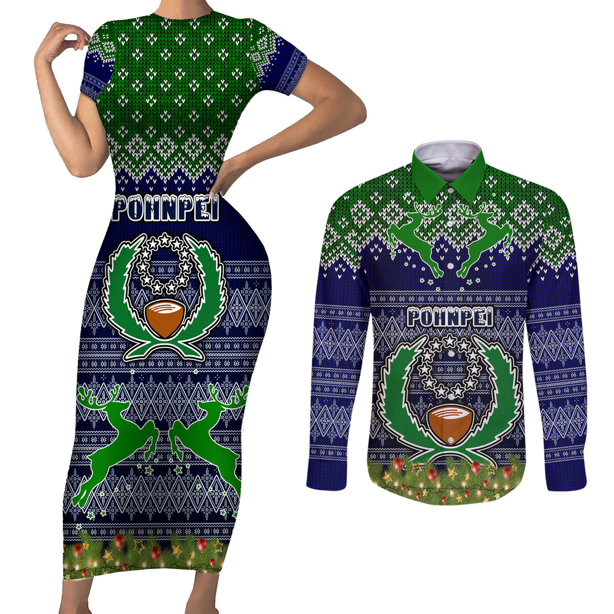 personalised-pohnpei-state-christmas-couples-matching-short-sleeve-bodycon-dress-and-long-sleeve-button-shirts-coat-of-arms-beautiful-merry-xmas-snowflake