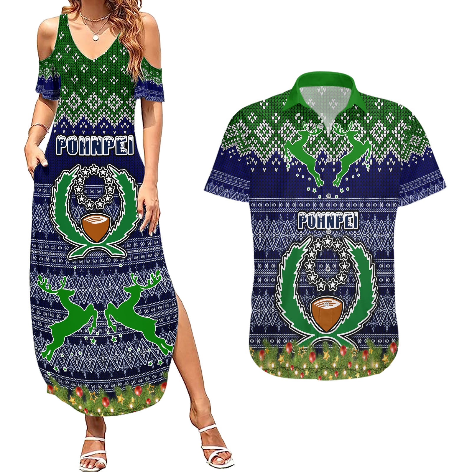 personalised-pohnpei-state-christmas-couples-matching-summer-maxi-dress-and-hawaiian-shirt-coat-of-arms-beautiful-merry-xmas-snowflake