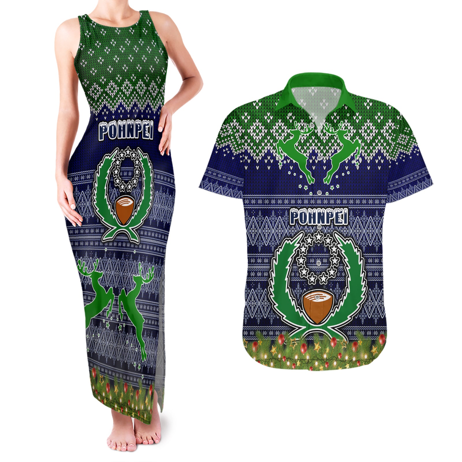 personalised-pohnpei-state-christmas-couples-matching-tank-maxi-dress-and-hawaiian-shirt-coat-of-arms-beautiful-merry-xmas-snowflake