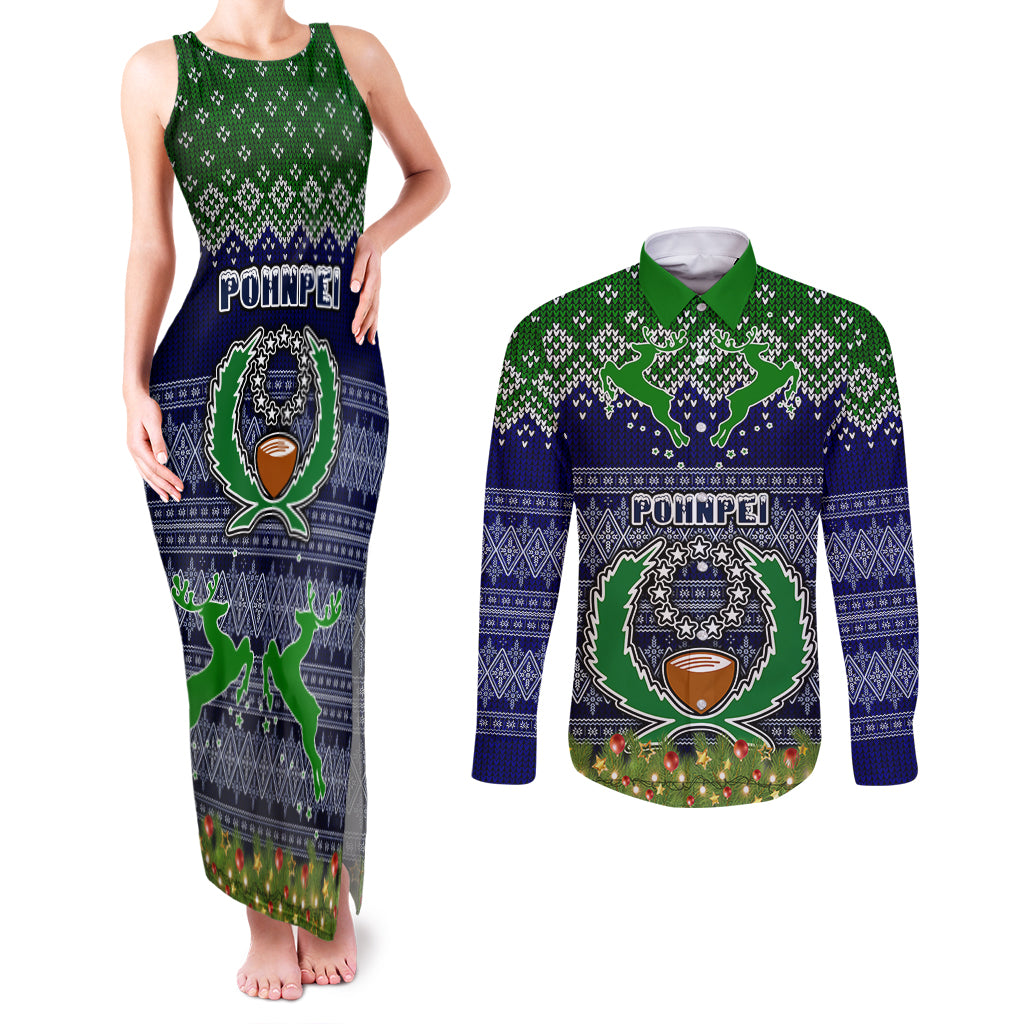 personalised-pohnpei-state-christmas-couples-matching-tank-maxi-dress-and-long-sleeve-button-shirts-coat-of-arms-beautiful-merry-xmas-snowflake
