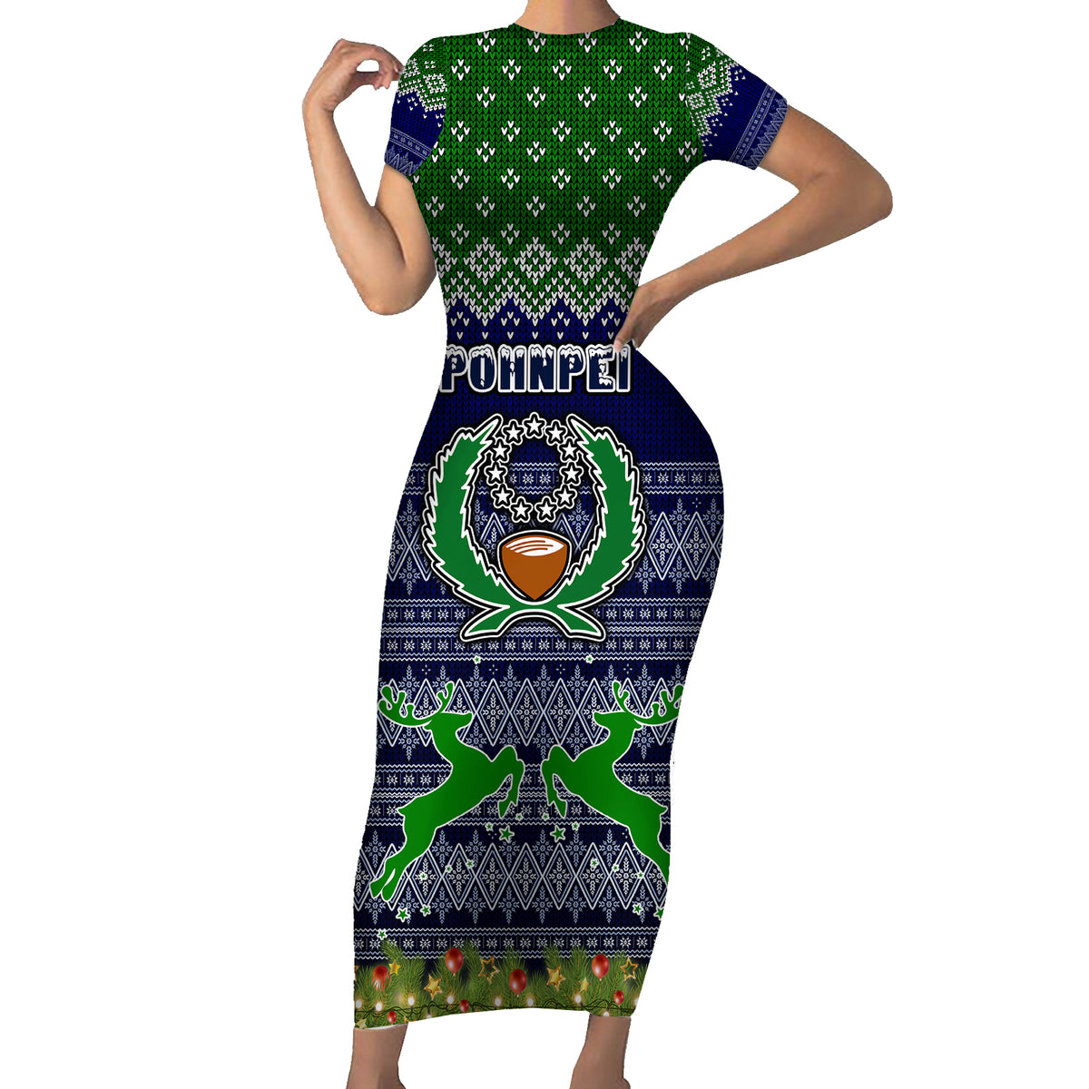 personalised-pohnpei-state-christmas-family-matching-short-sleeve-bodycon-dress-and-hawaiian-shirt-coat-of-arms-beautiful-merry-xmas-snowflake