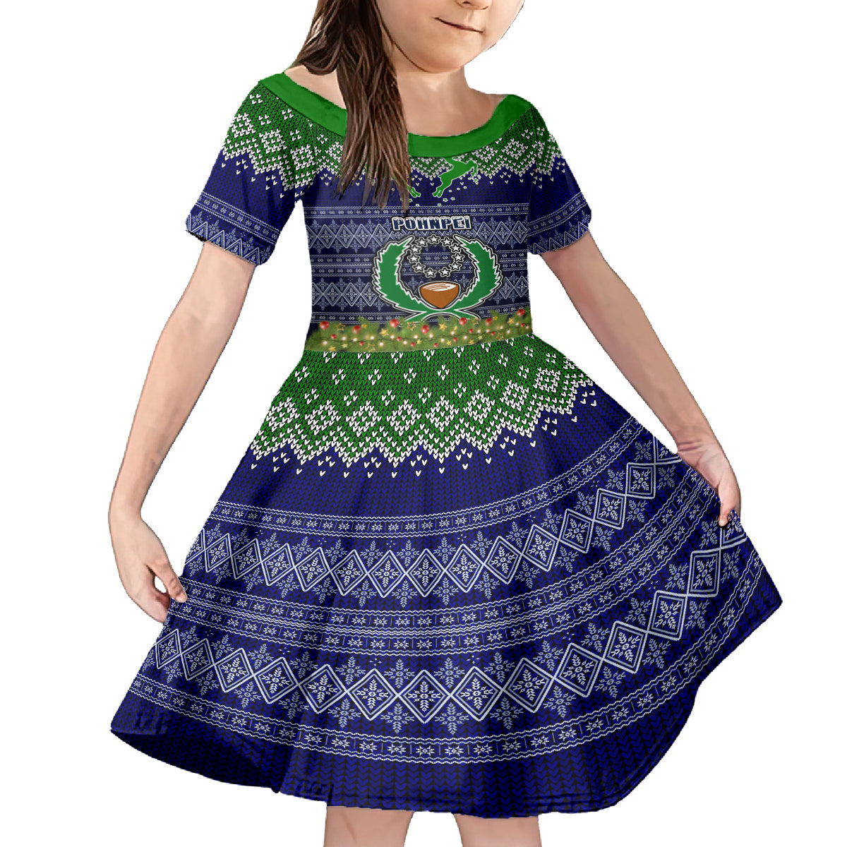 personalised-pohnpei-state-christmas-kid-short-sleeve-dress-coat-of-arms-beautiful-merry-xmas-snowflake