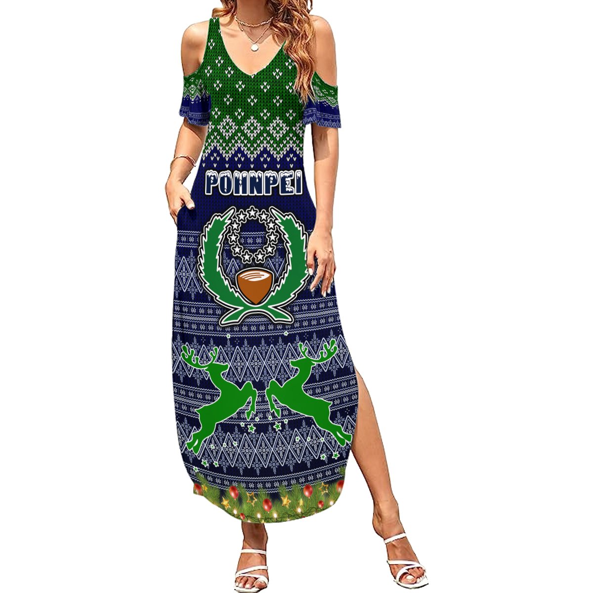 personalised-pohnpei-state-christmas-summer-maxi-dress-coat-of-arms-beautiful-merry-xmas-snowflake