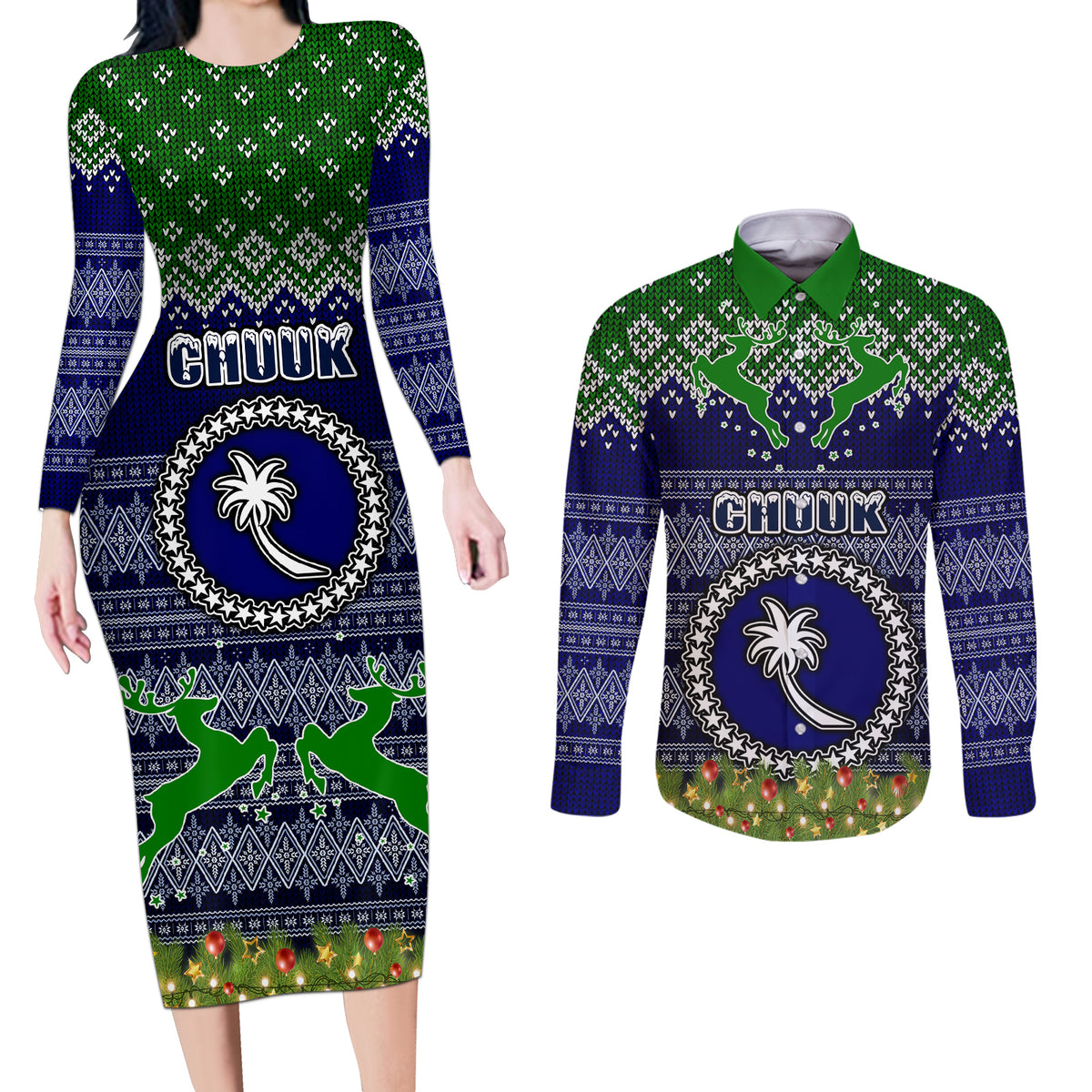 chuuk-state-christmas-couples-matching-long-sleeve-bodycon-dress-and-long-sleeve-button-shirts-coat-of-arms-beautiful-merry-xmas-snowflake