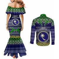 chuuk-state-christmas-couples-matching-mermaid-dress-and-long-sleeve-button-shirts-coat-of-arms-beautiful-merry-xmas-snowflake