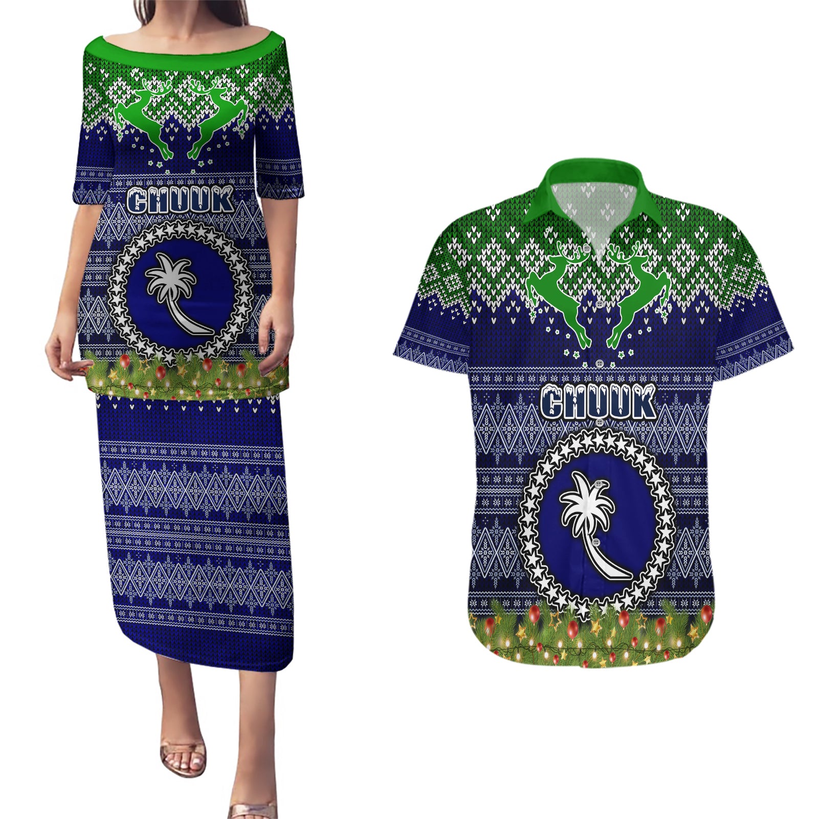 chuuk-state-christmas-couples-matching-puletasi-dress-and-hawaiian-shirt-coat-of-arms-beautiful-merry-xmas-snowflake