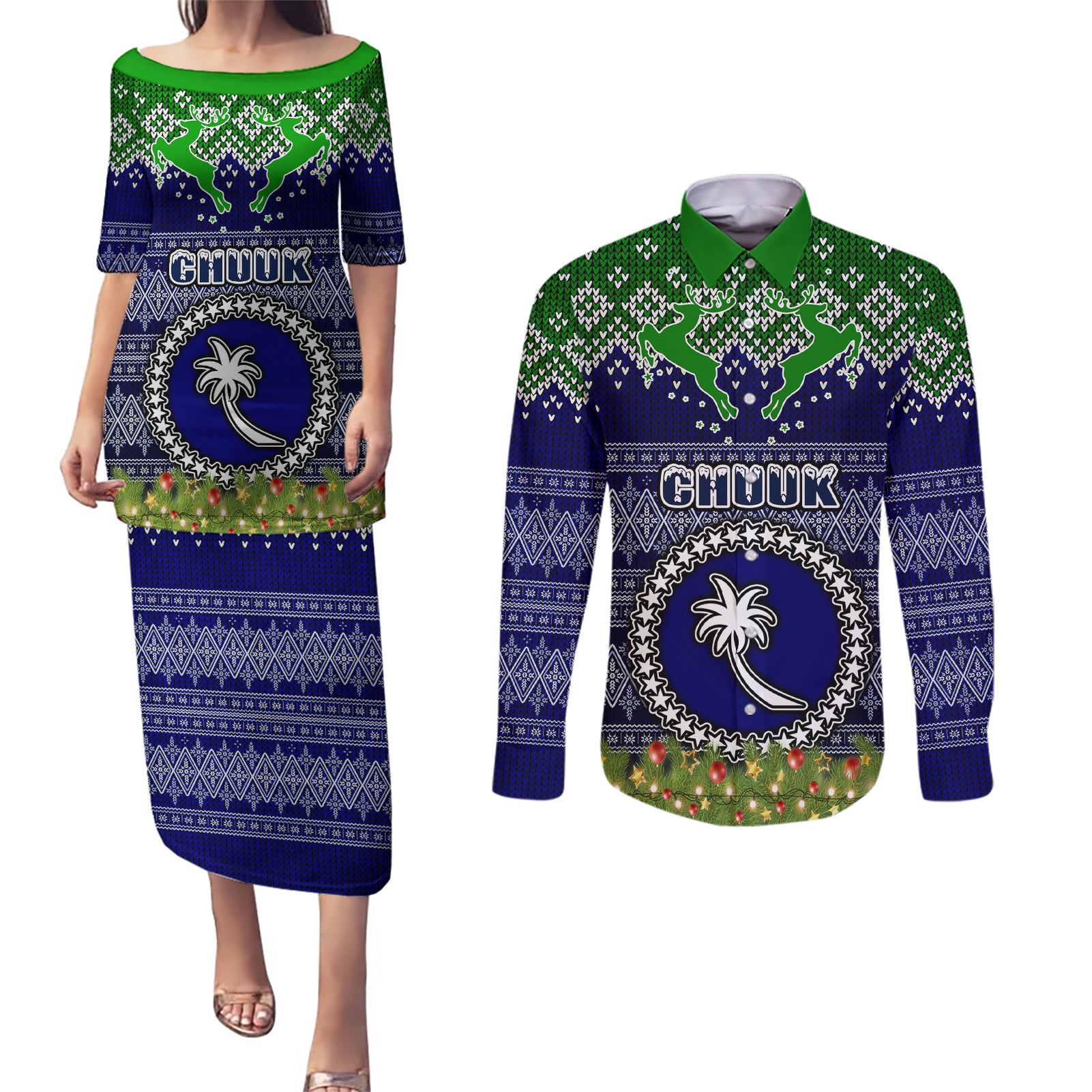 chuuk-state-christmas-couples-matching-puletasi-dress-and-long-sleeve-button-shirts-coat-of-arms-beautiful-merry-xmas-snowflake