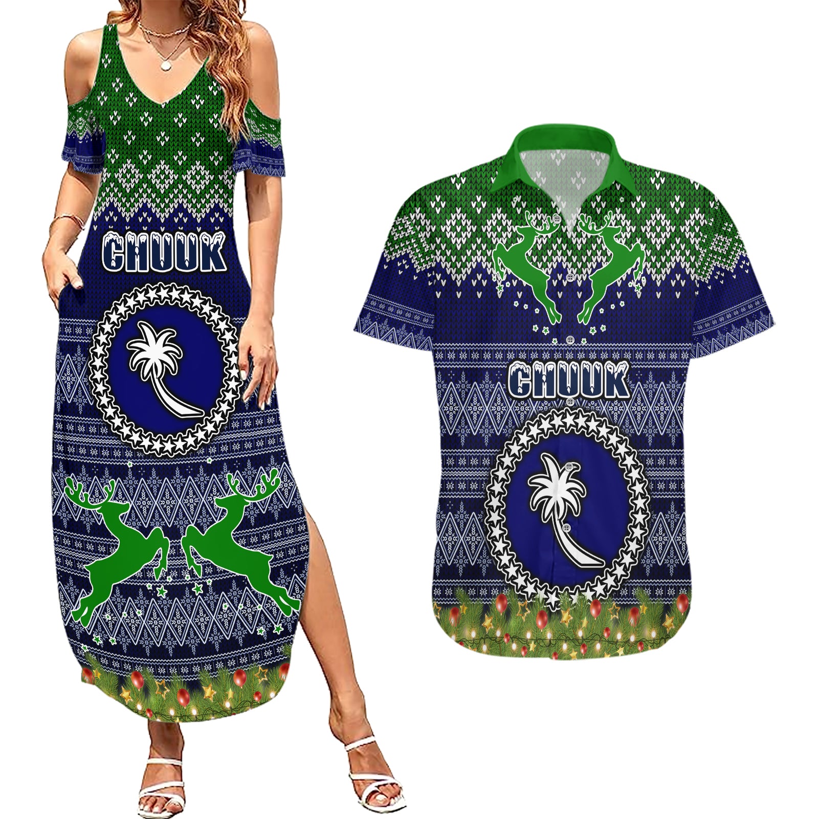 chuuk-state-christmas-couples-matching-summer-maxi-dress-and-hawaiian-shirt-coat-of-arms-beautiful-merry-xmas-snowflake