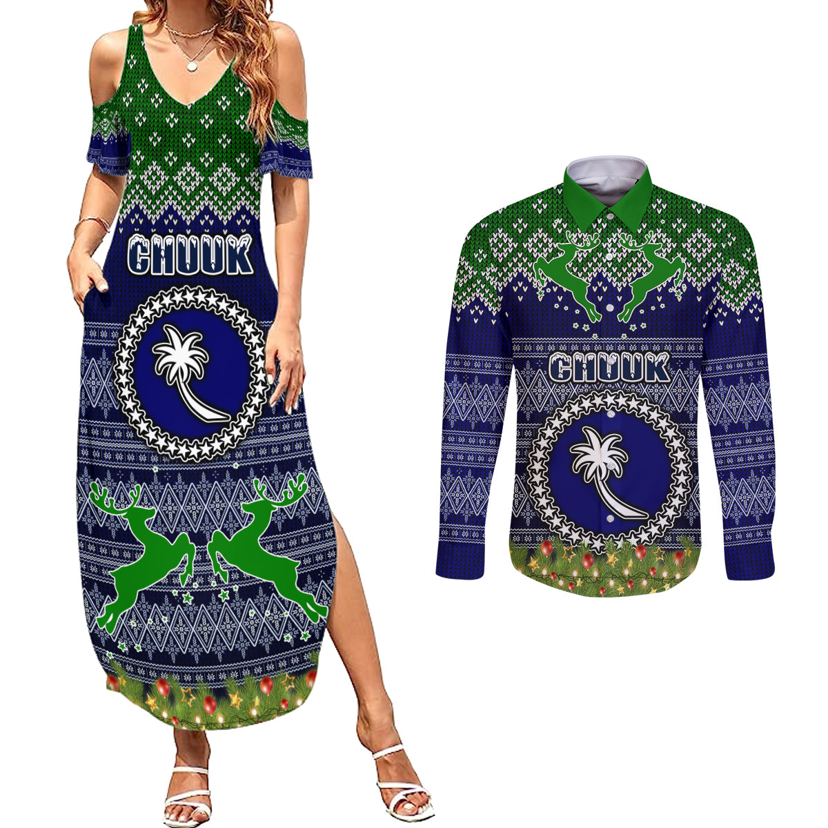 chuuk-state-christmas-couples-matching-summer-maxi-dress-and-long-sleeve-button-shirts-coat-of-arms-beautiful-merry-xmas-snowflake