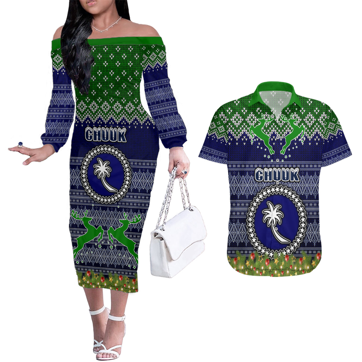 personalised-chuuk-state-christmas-couples-matching-off-the-shoulder-long-sleeve-dress-and-hawaiian-shirt-coat-of-arms-beautiful-merry-xmas-snowflake