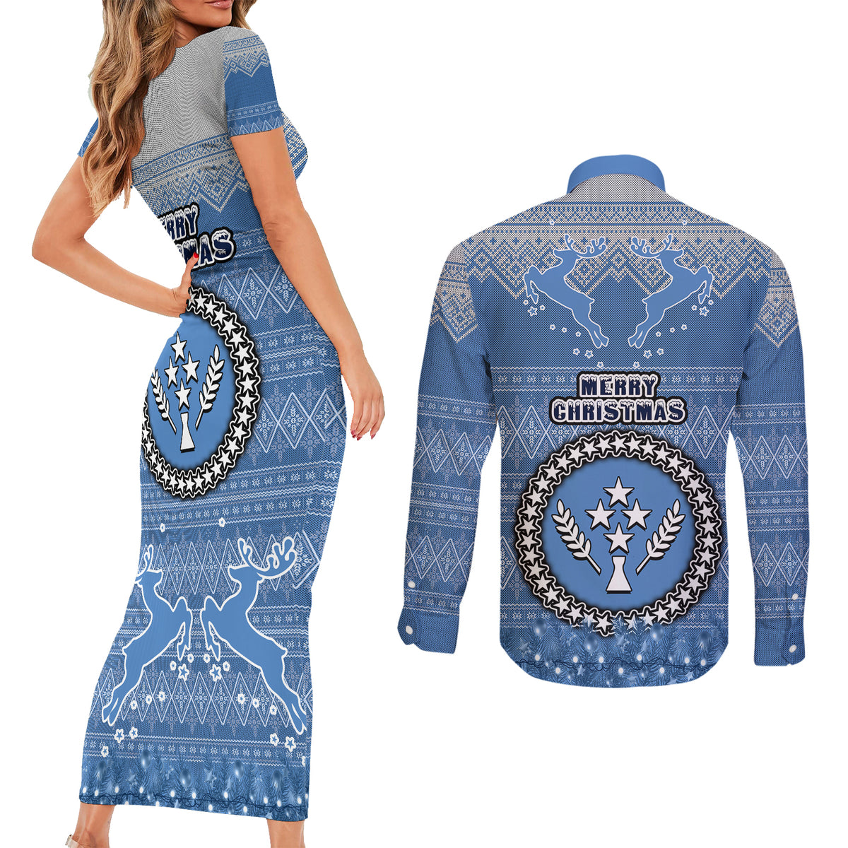 kosrae-christmas-couples-matching-short-sleeve-bodycon-dress-and-long-sleeve-button-shirts-coat-of-arms-beautiful-merry-xmas-snowflake