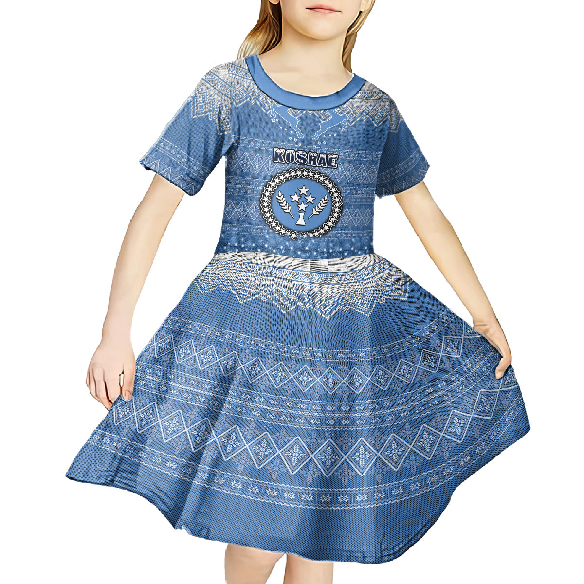 kosrae-christmas-kid-short-sleeve-dress-coat-of-arms-beautiful-merry-xmas-snowflake