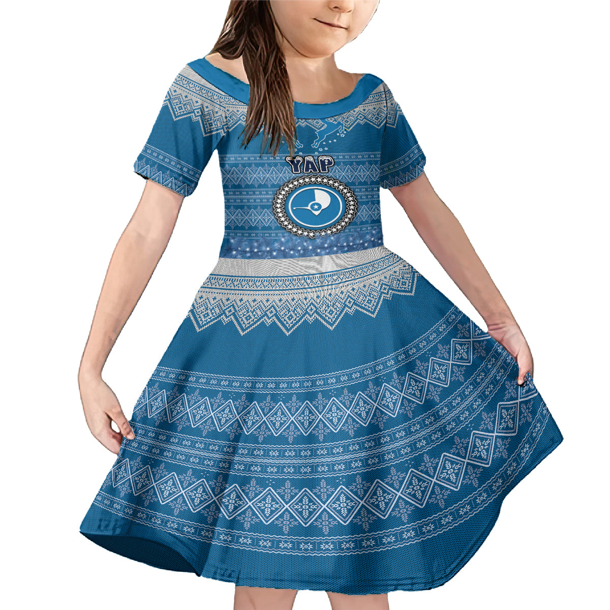 Yap Christmas Family Matching Mermaid Dress and Hawaiian Shirt Coat of Arms Beautiful Merry Xmas Snowflake LT03 Daughter's Dress Blue - Polynesian Pride