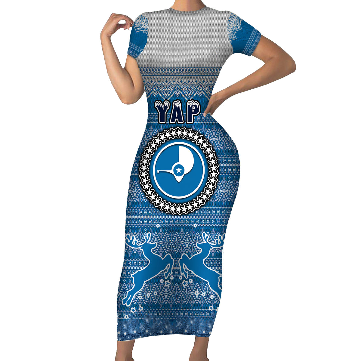 Yap Christmas Family Matching Short Sleeve Bodycon Dress and Hawaiian Shirt Coat of Arms Beautiful Merry Xmas Snowflake LT03 Mom's Dress Blue - Polynesian Pride