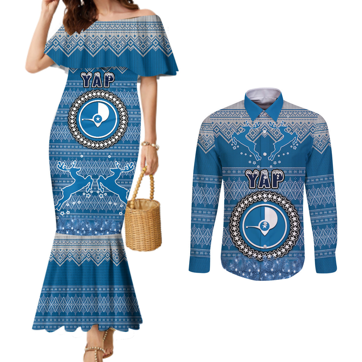 personalised-yap-christmas-couples-matching-mermaid-dress-and-long-sleeve-button-shirts-coat-of-arms-beautiful-merry-xmas-snowflake