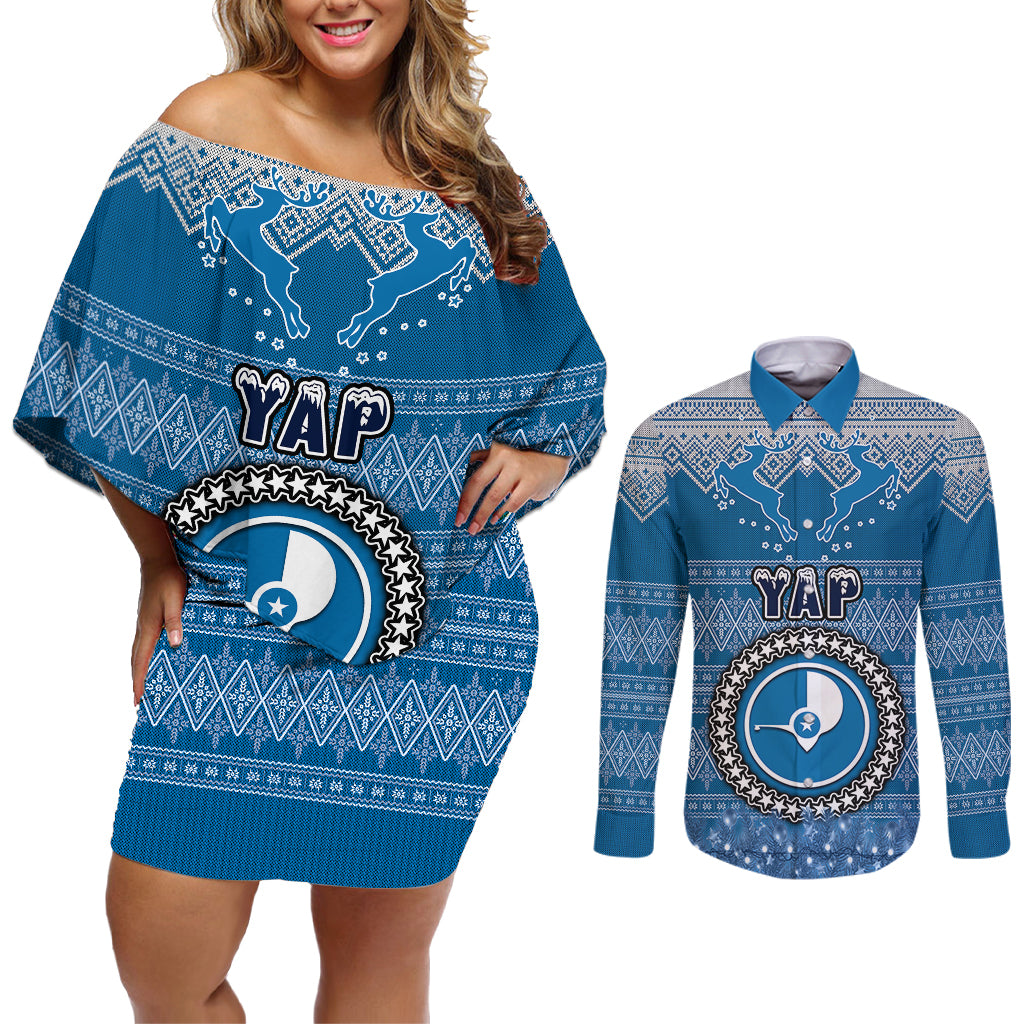 personalised-yap-christmas-couples-matching-off-shoulder-short-dress-and-long-sleeve-button-shirts-coat-of-arms-beautiful-merry-xmas-snowflake