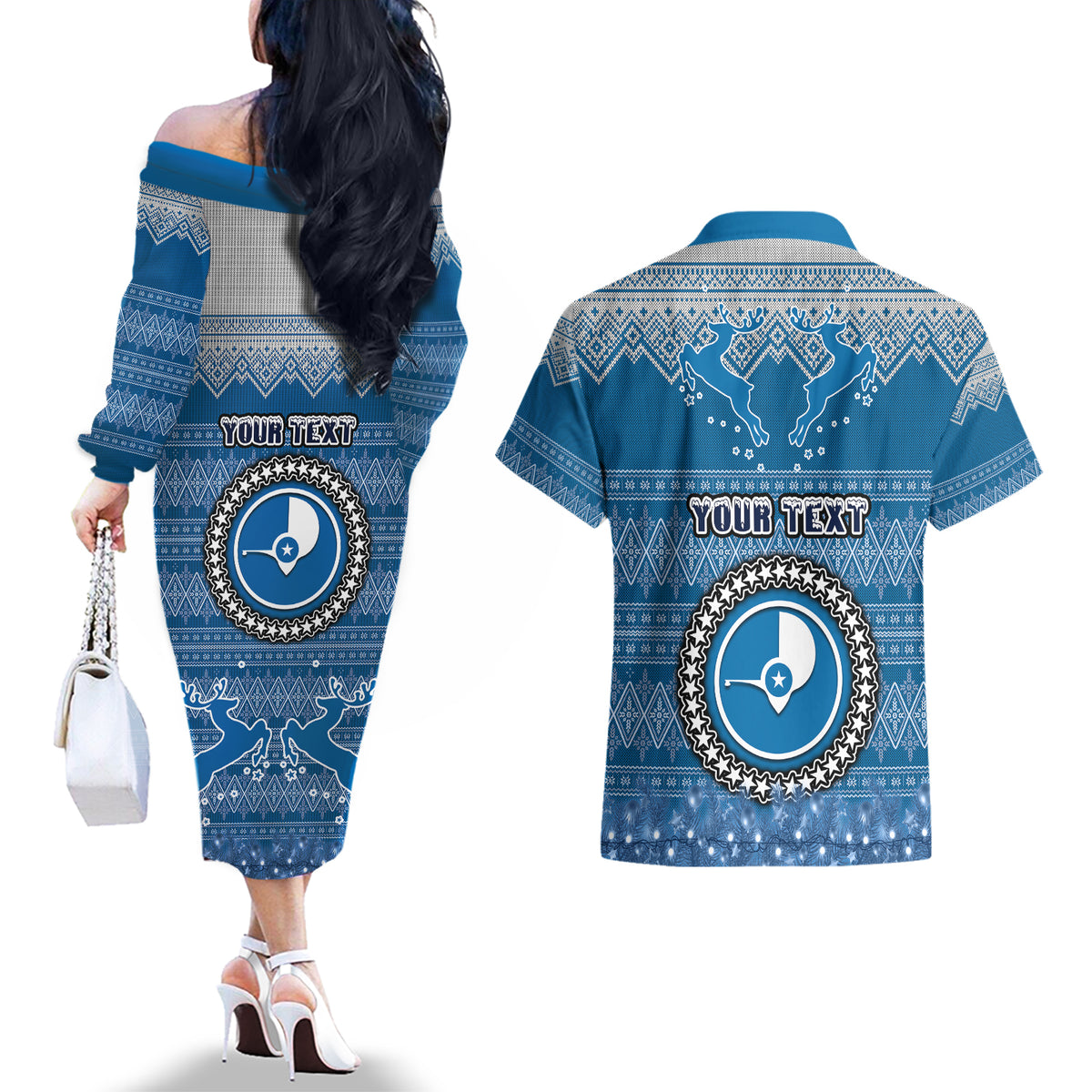 personalised-yap-christmas-couples-matching-off-the-shoulder-long-sleeve-dress-and-hawaiian-shirt-coat-of-arms-beautiful-merry-xmas-snowflake