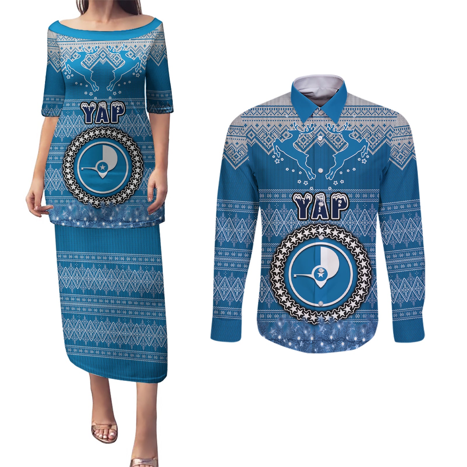 personalised-yap-christmas-couples-matching-puletasi-dress-and-long-sleeve-button-shirts-coat-of-arms-beautiful-merry-xmas-snowflake