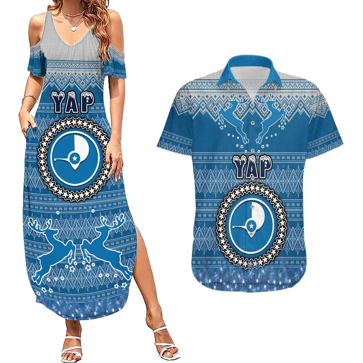 personalised-yap-christmas-couples-matching-summer-maxi-dress-and-hawaiian-shirt-coat-of-arms-beautiful-merry-xmas-snowflake