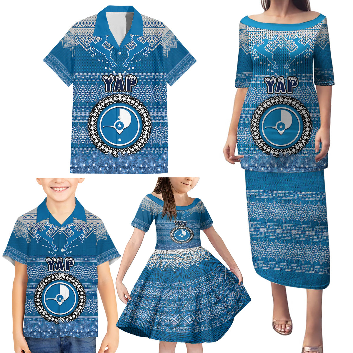 personalised-yap-christmas-family-matching-puletasi-dress-and-hawaiian-shirt-coat-of-arms-beautiful-merry-xmas-snowflake