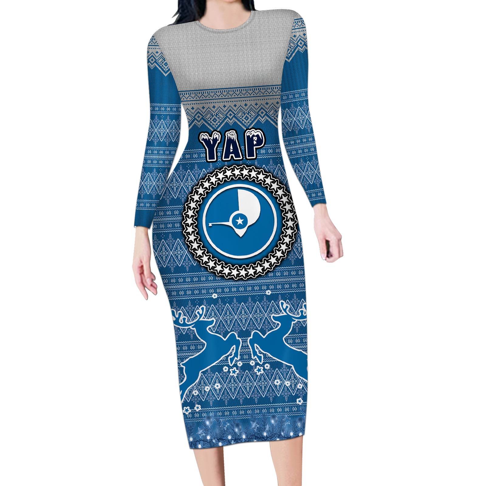 Personalised Yap Christmas Long Sleeve Bodycon Dress Coat of Arms Beautiful Merry Xmas Snowflake LT03 Long Dress Blue - Polynesian Pride