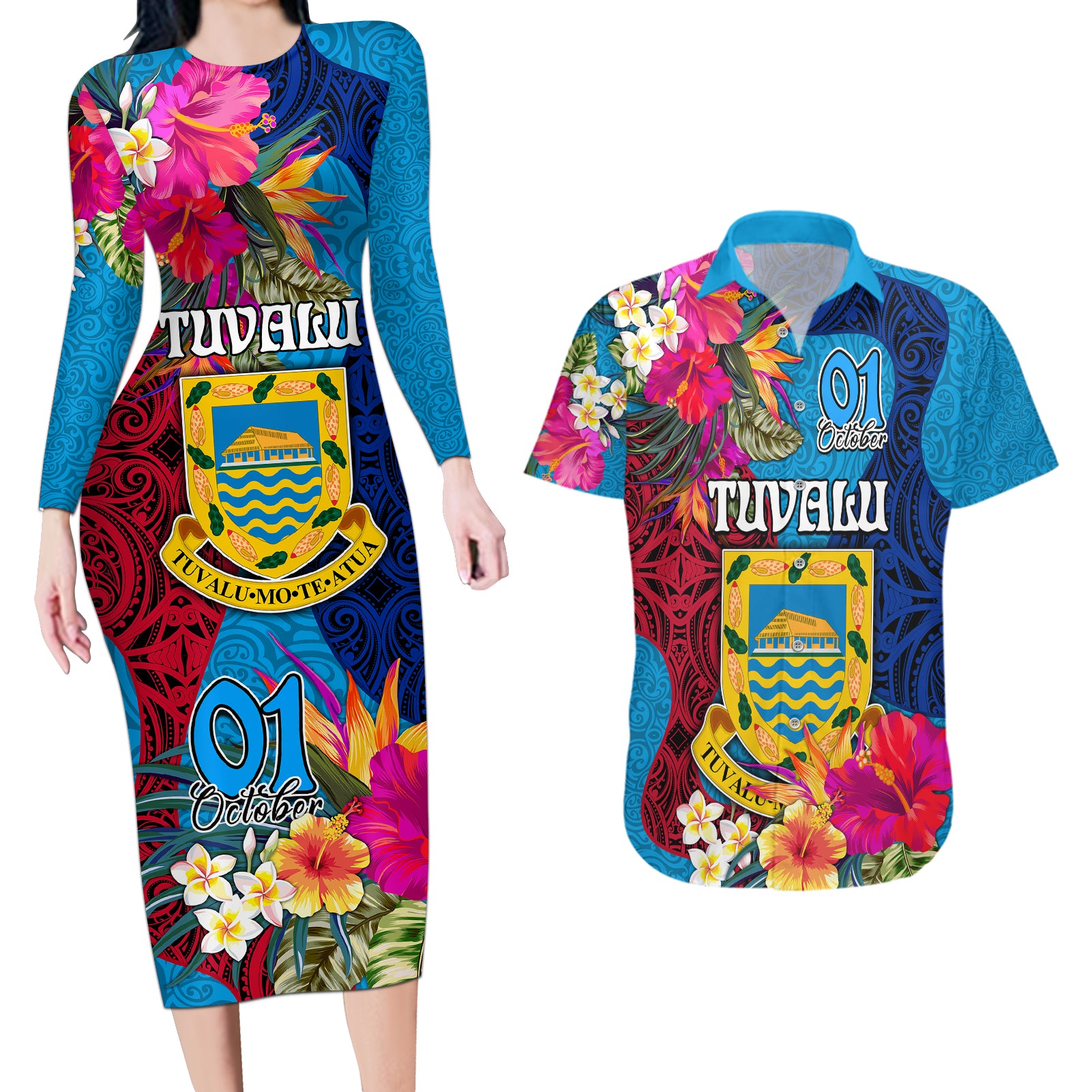 personalised-tuvalu-independence-day-couples-matching-long-sleeve-bodycon-dress-and-hawaiian-shirt-1st-october-45th-anniversary-polynesian-with-jungle-flower
