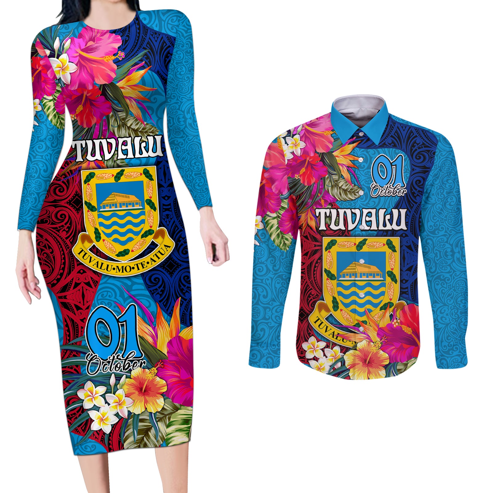 personalised-tuvalu-independence-day-couples-matching-long-sleeve-bodycon-dress-and-long-sleeve-button-shirts-1st-october-45th-anniversary-polynesian-with-jungle-flower
