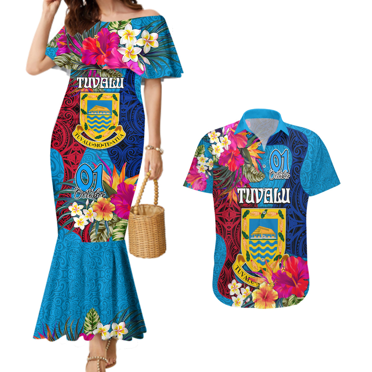 personalised-tuvalu-independence-day-couples-matching-mermaid-dress-and-hawaiian-shirt-1st-october-45th-anniversary-polynesian-with-jungle-flower
