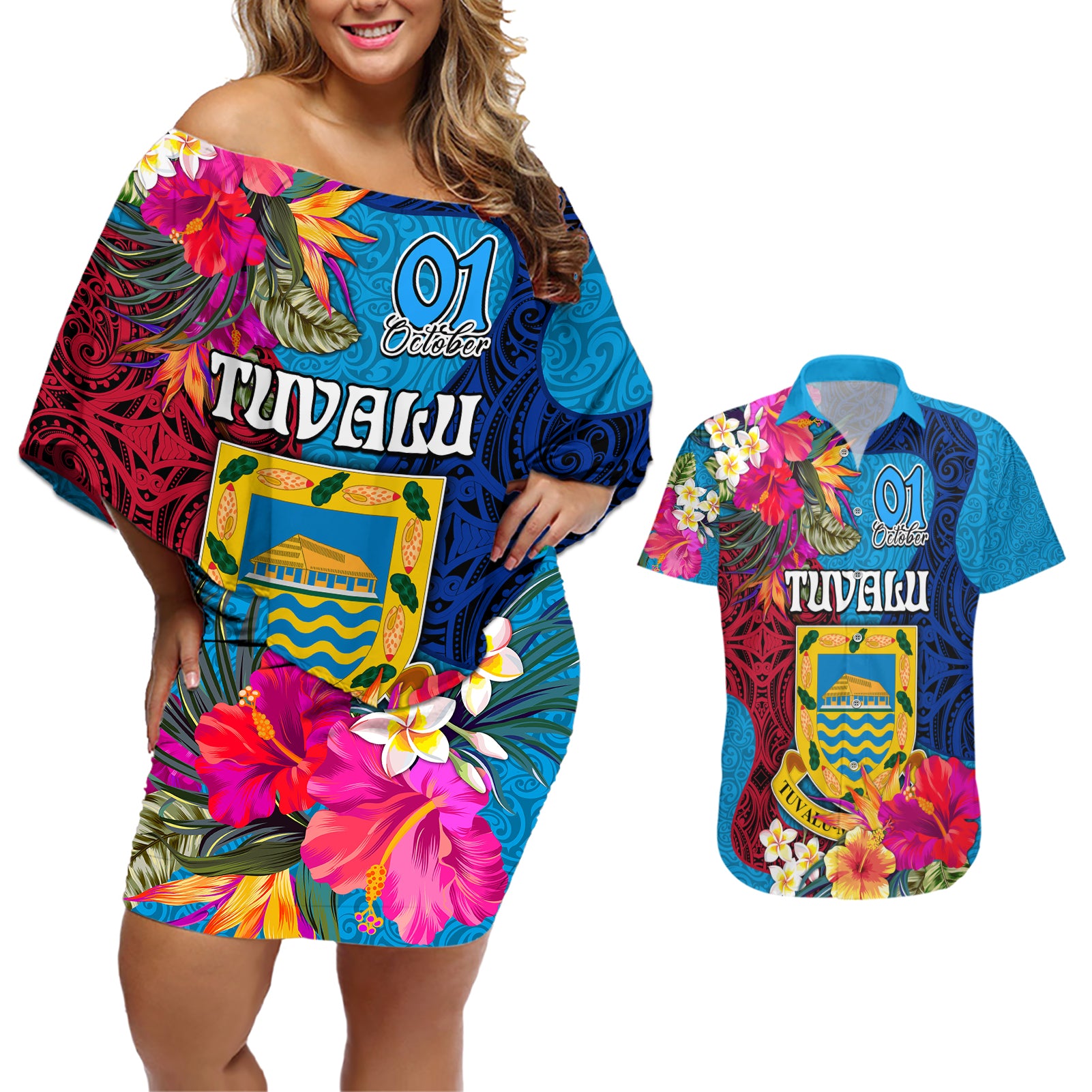 personalised-tuvalu-independence-day-couples-matching-off-shoulder-short-dress-and-hawaiian-shirt-1st-october-45th-anniversary-polynesian-with-jungle-flower