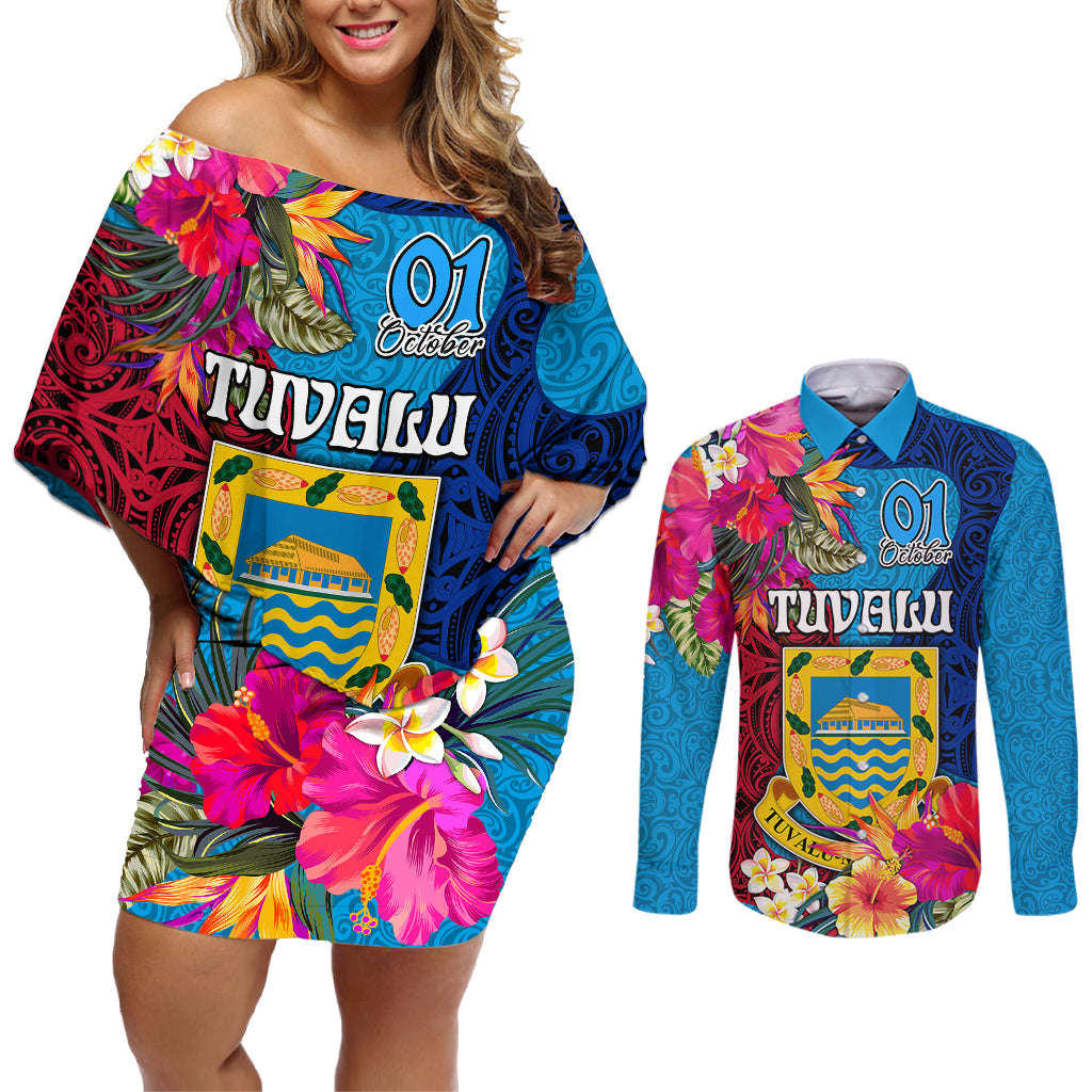 personalised-tuvalu-independence-day-couples-matching-off-shoulder-short-dress-and-long-sleeve-button-shirts-1st-october-45th-anniversary-polynesian-with-jungle-flower