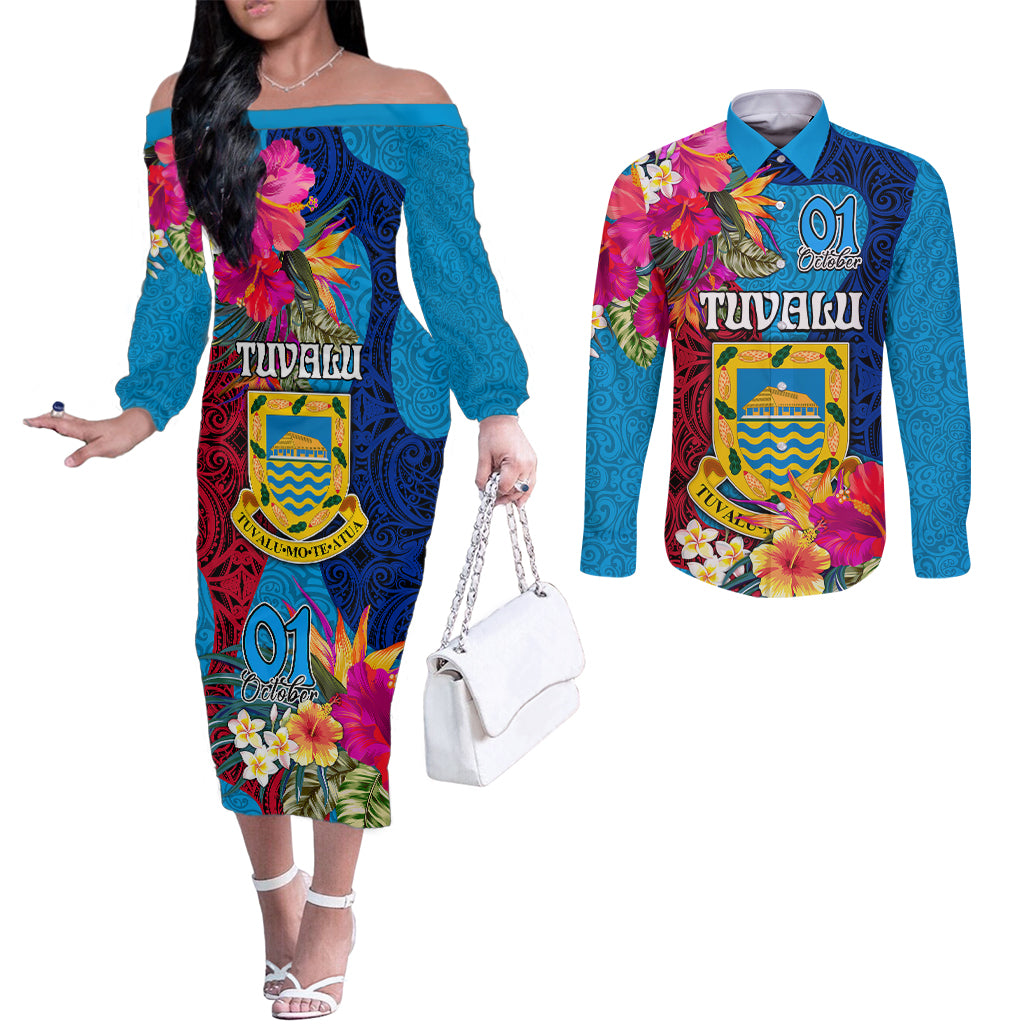 personalised-tuvalu-independence-day-couples-matching-off-the-shoulder-long-sleeve-dress-and-long-sleeve-button-shirts-1st-october-45th-anniversary-polynesian-with-jungle-flower
