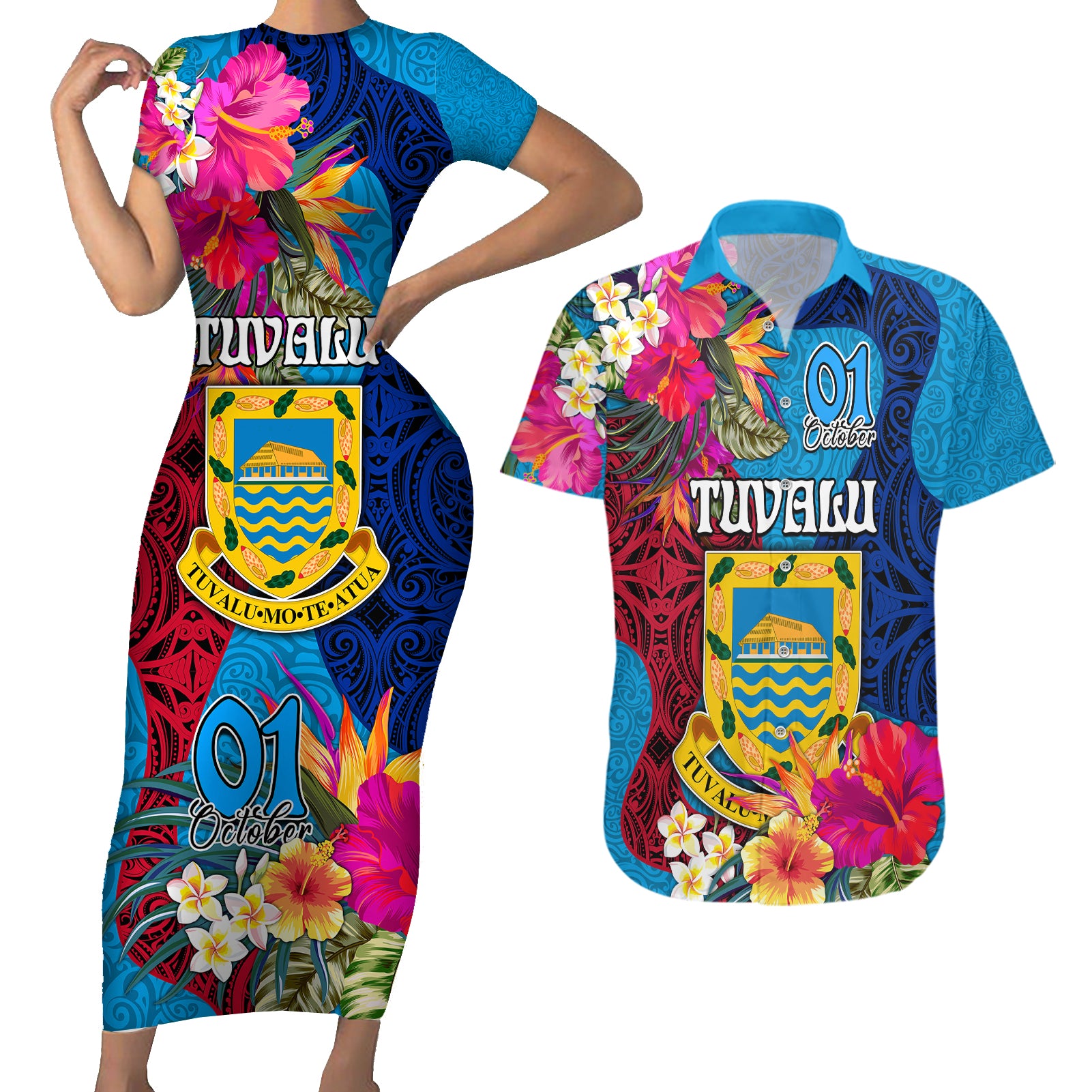 personalised-tuvalu-independence-day-couples-matching-short-sleeve-bodycon-dress-and-hawaiian-shirt-1st-october-45th-anniversary-polynesian-with-jungle-flower