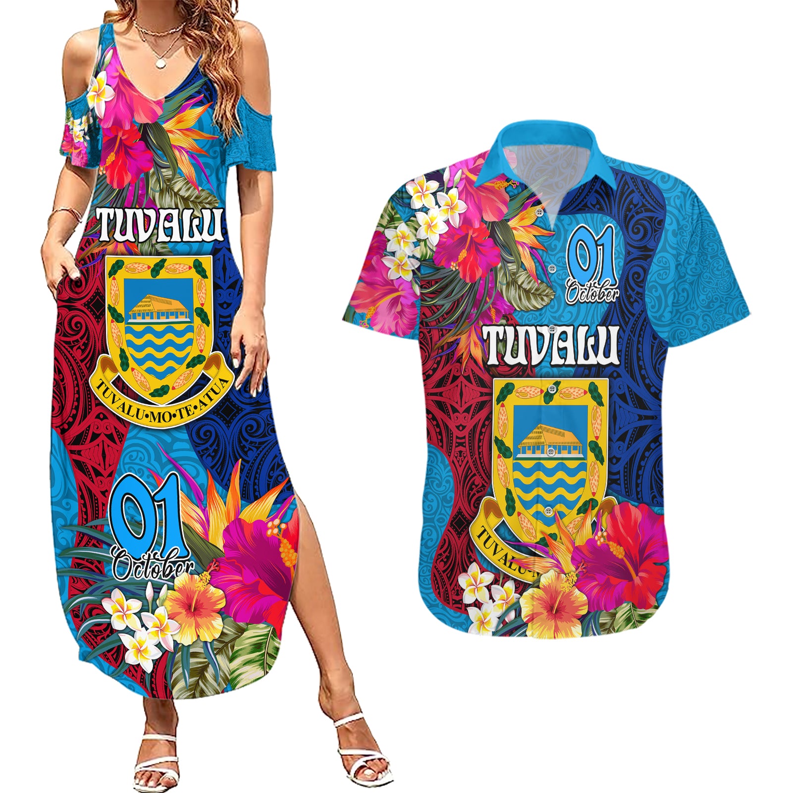 personalised-tuvalu-independence-day-couples-matching-summer-maxi-dress-and-hawaiian-shirt-1st-october-45th-anniversary-polynesian-with-jungle-flower