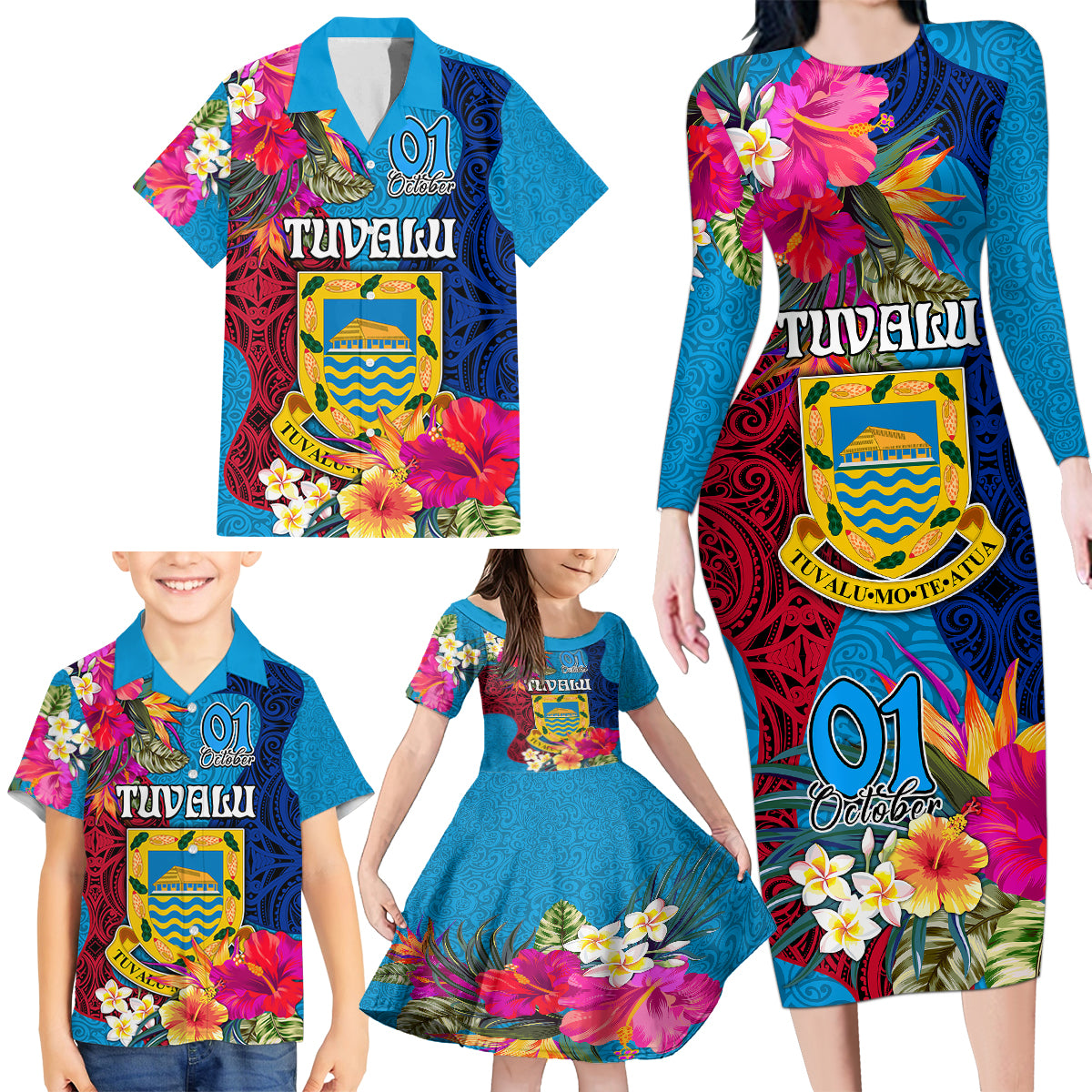 personalised-tuvalu-independence-day-family-matching-long-sleeve-bodycon-dress-and-hawaiian-shirt-1st-october-45th-anniversary-polynesian-with-jungle-flower