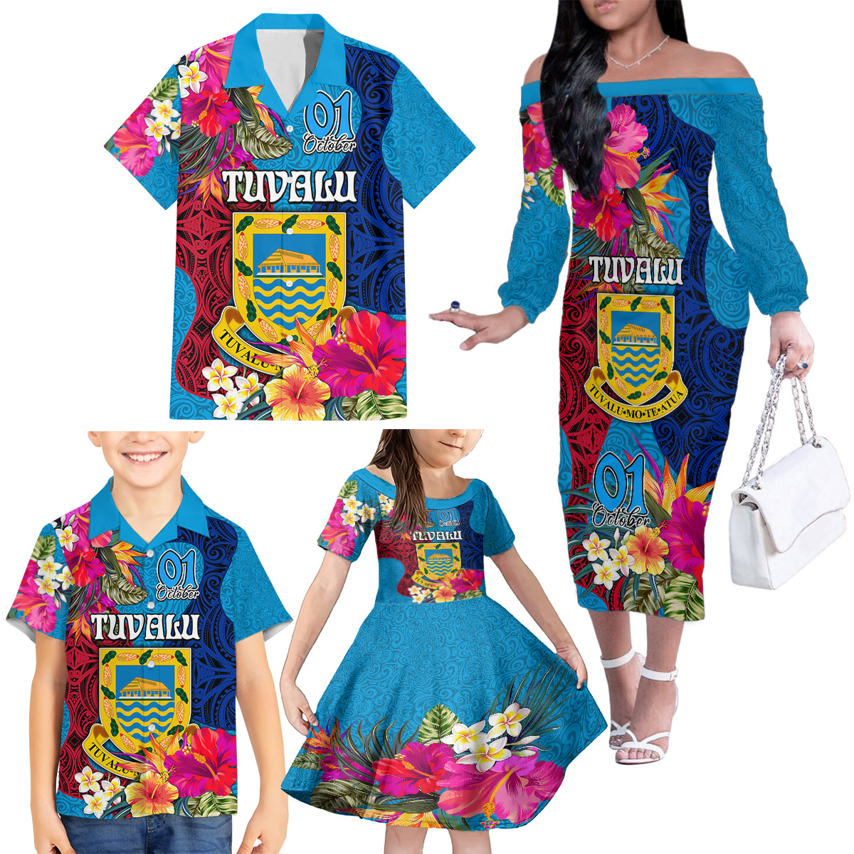 personalised-tuvalu-independence-day-family-matching-off-shoulder-long-sleeve-dress-and-hawaiian-shirt-1st-october-45th-anniversary-polynesian-with-jungle-flower