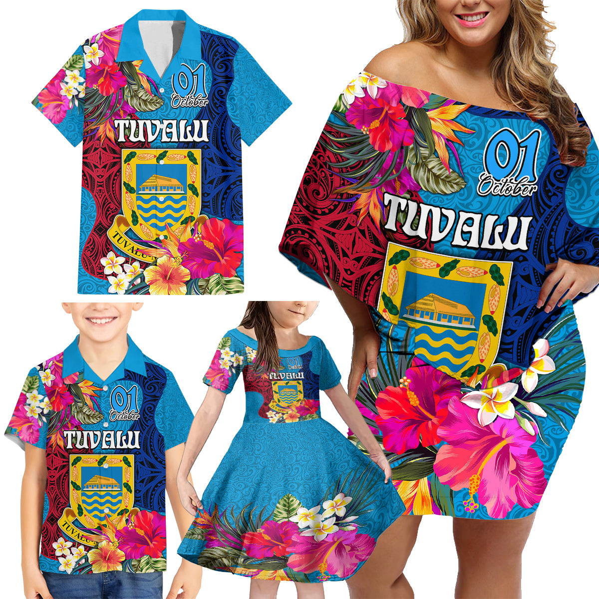 personalised-tuvalu-independence-day-family-matching-off-shoulder-short-dress-and-hawaiian-shirt-1st-october-45th-anniversary-polynesian-with-jungle-flower